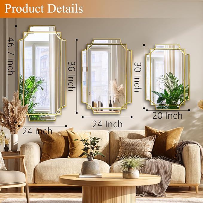 20x30 inch Beveled Gold Mirror for Wall, Gold Traditional Art Decorative Mirror Home Decor for Bathroom Living Room Bedroom Kitchen Entrance