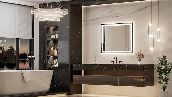 Keonjinn 40 x 32 Inch LED Mirror with Frontlit & Backlit, Black Bathroom LED Mirror, HD Tempered Glass, UL Listed LED Driver, Aluminium Alloy Beveled Frame, 3000K/4500K/6000K, Safe Defogging, Dimmable