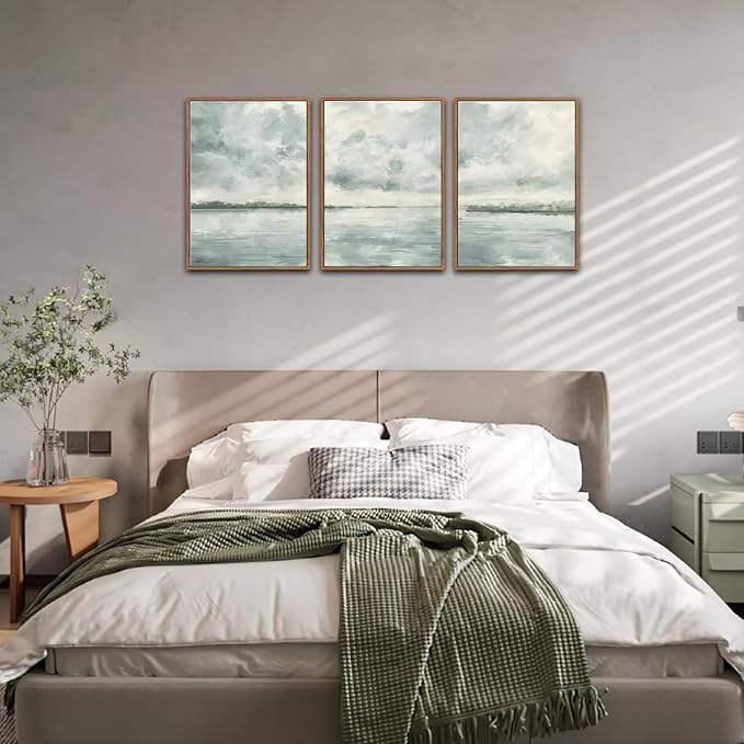 CHDITB Watercolor Sky Cloud Framed Canvas Wall Art Set, Pastel Shapes Illustrations Cloudy Wall Decor, Neutral Minimal Wall Painting, Blue Gray Ocean Sky Art Prints For Living Room Bedroom Office Decor 16"x24"x3