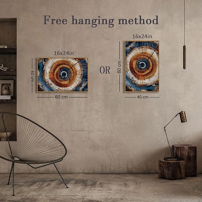 BingruiArt Framed Tree Ring Canvas Wall Art Abstract Wood Wall Decor Boho Modern Colorful Nature Painting Wood Stump Prints Pictures for Living Room Bedroom Bathroom Office 16"x24" Natural Framed(05)