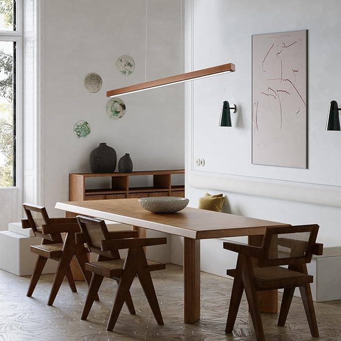 47" Wood Linear Pendant Light Fixtures Modern Led 36w Dimmable Pendant Lighting Ceiling Hanging Lights Wood Linear Chandeliers for Kitchen Island Dining Room Pool Table Walnut Color
