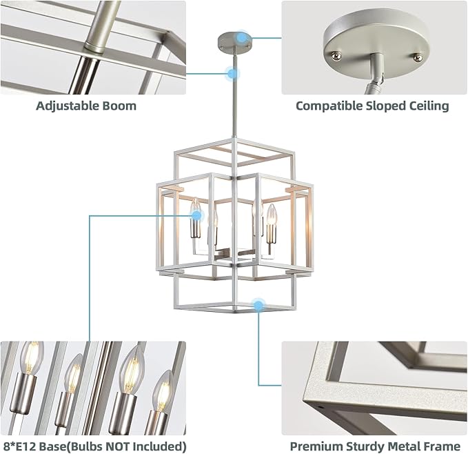 16.5" Modern Chandelier, 4-Light Farmhouse Foyer Lighting Fixtures, Hanging Kitchen Island Pendant Light, Industrial Sliver Lantern Pendant Lights, for Entryway Staircase Hallway