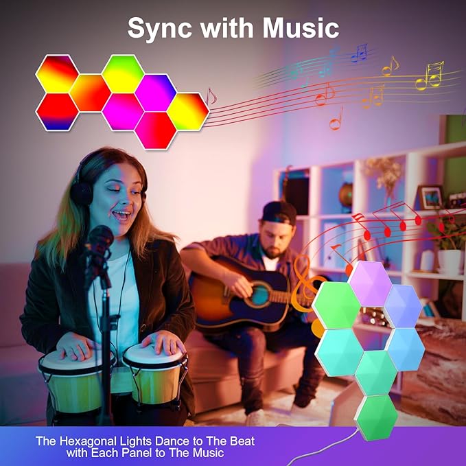 8 Pack RGB Hexagon Led Lights Wall Panels, Music Sync Color Changing Circle Lights, Hexagon Lamp with Remote Control & App Control, Led Shape Hex Light for Bedroom Gamers PlayStation Decor