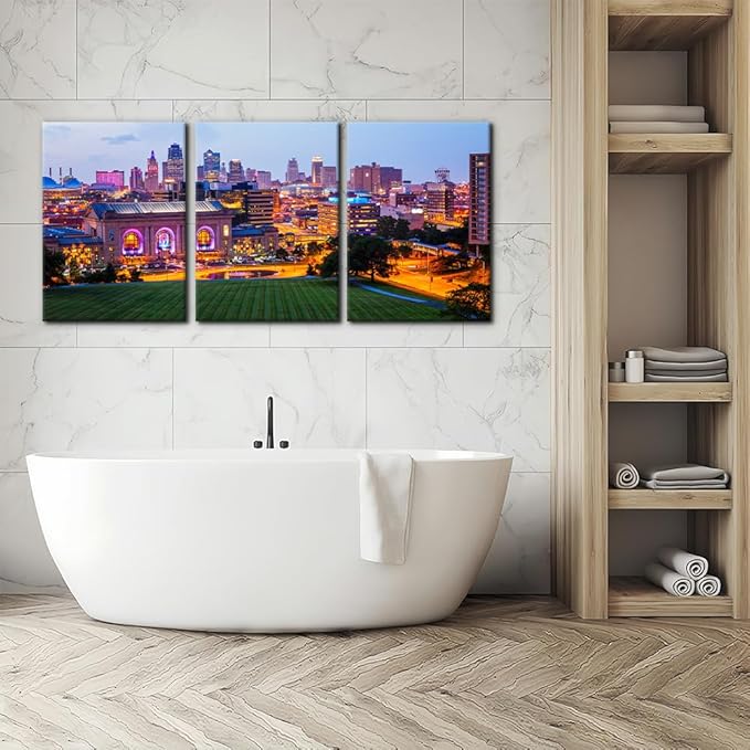 Pacimo Canvas Wall Art Union Station City Landscape Pictures Paintings Kansas Cityscape Modern Artwork Prints on Canvas Wall Decor for Living Room Bedroom Framed Ready to Hang - 20"x28"x3 Panels