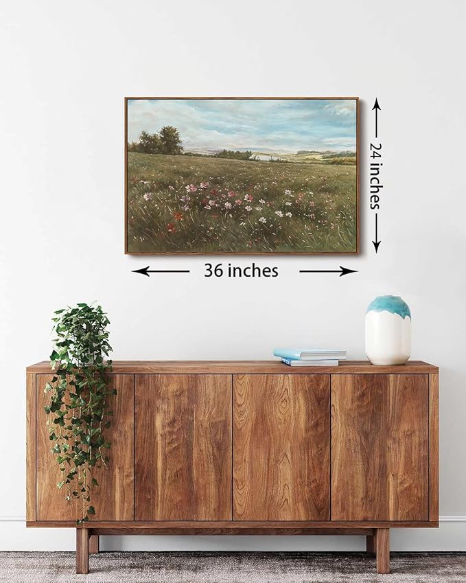 KISSFOX Vintage Landscape Canvas Wall Art Farmhouse Colorful Wildflower Meadow Framed Wall Art Summer Natural Serene Countryside Paintings Artwork Rustic Art Prints For Bedroom Bathroom Living Room