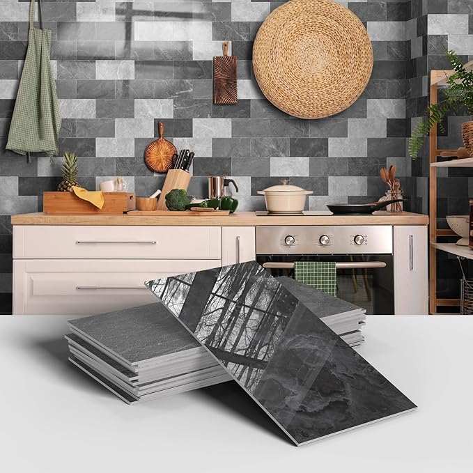 16-Pack Peel and Stick Marble Wall Tiles, Waterproof 4" x 8" Glossy Imitation Gentleman Gray Marble, PVC Shower Wall Panels for Kitchen, Bathroom & Fireplace