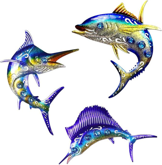 Metal Fish Wall Art Decor, 3-Piece Marlin Tuna Swordfish Set, Blue and Gold Tropical Ocean Theme Outdoor Wall Christmas Decor for Patio Garden Yard, Decorative Hanging Sculptures Christmas Decoration Gift