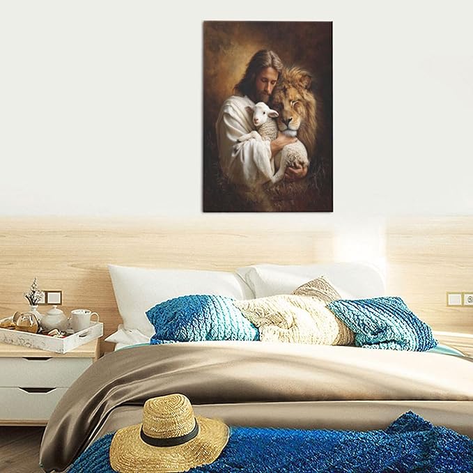 Jesus Lion Lamb Wall Art Christian Jesus Wall Decor Lion of Judah Pictures Religious God Canvas Painting Print Christ Artwork Decoration for Living Room Bedroom Church Framed Gifts 16”X24”