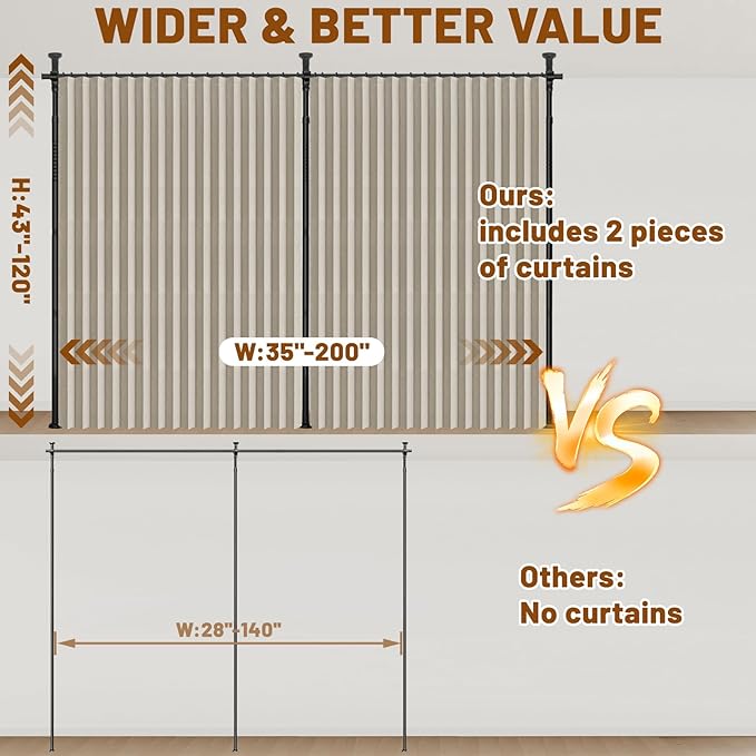 AJAZZ Room Divider Curtain (2 Panels, Cream White, W100 x L96 in)+ Curtain Rods No Drilling Adjustable Tension (H) 43-120×(W) 35-200 in, Heavy Duty Wall Divider for Apartment/Dorm