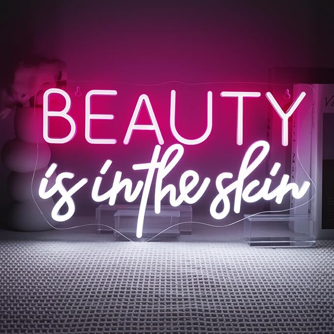 Lucunstar Beauty Is In The Skin Neon Sign,LED Neon pink cool white letters for facial spa wall neon for girl's room wall decoration beauty salon sign skincare salon beauty shop decoration