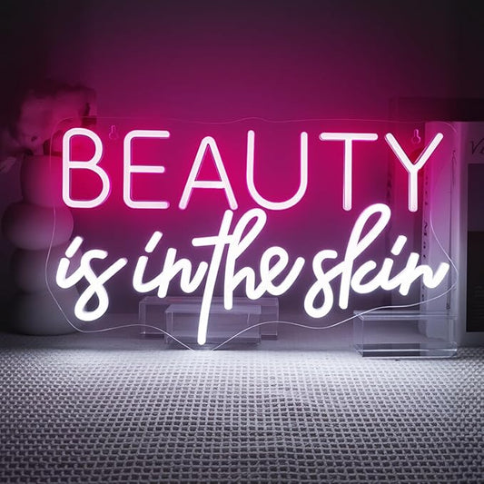 Lucunstar Beauty Is In The Skin Neon Sign,LED Neon pink cool white letters for facial spa wall neon for girl's room wall decoration beauty salon sign skincare salon beauty shop decoration