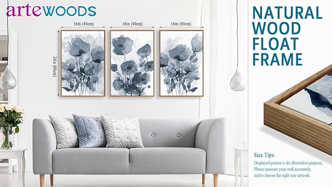 arteWOODS Botanical Framed Wall Art - Abstract Watercolor Style Pictures Grey Blue Floral Wall Decor Minimalist Prints Aesthetic Flowers Painting Artwork 16" x 24" Set of 3 Natural Framed