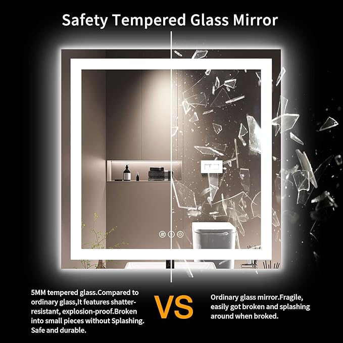 LOAAO 36X36 LED Bathroom Mirror with Lights, Anti-Fog, Dimmable, Backlit + Front Lit, Lighted Bathroom Vanity Mirror for Wall, Memory Function, Tempered Glass, Safe to Use, ETL Listed