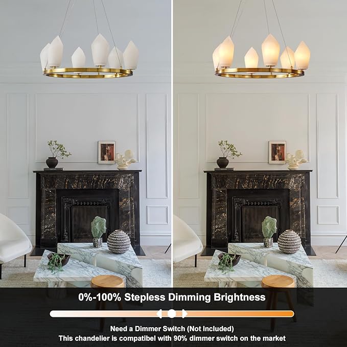 Alabaster Chandeliers, 23" 6-Light Modern Large Chandelier for Living Room with Bulb, Bedroom Wagon Wheel Chandelier, Round Gold Chandeliers for Entryway, Foyer Lighting Fixtures Hanging Light