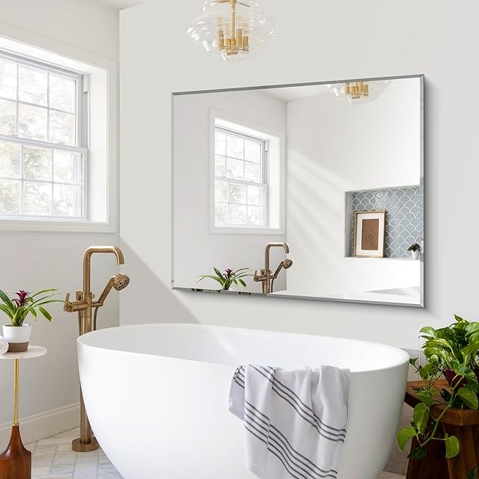 Beveled Bathroom Mirror, 40x48 Inch Large Frameless Mirrors for Wall, Upgraded Shatterproof Rectangle Beveled Vanity Mirror Hangs Horizontally/Vertically for Bedroom, Living Room and Entryway