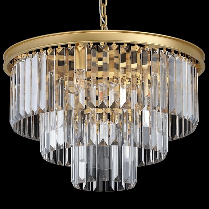 Modern Gold Crystal Chandelier,3-Tier Round Pendant Ceiling Fixture with Height Adjustable Luxury Hanging Chandelier for Dining Room,Living Room,Entryway,Bedroom,Kitchen,and Foyer (Gold Crystal-3)