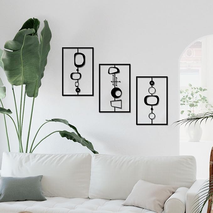 3 Pcs Metal Abstract Wall Decor, Minimalist Lines Wall Hanging Art Painting, Modern Geometric Black Wall Sculpture Suitable for Home Office, Hotel Living Room, Bedroom and other Home Decoration