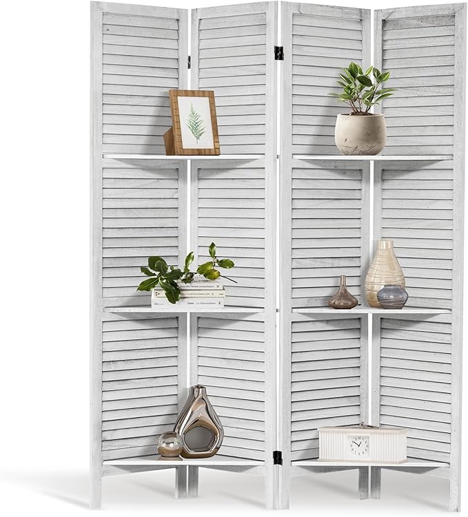 4 Panel Room Divider 5.6FT Louvered Design Room Dividers with Display Shelves Folding Privacy Screens Portable Freestanding Partition Wall Dividers for Bedroom & Office, Retro White