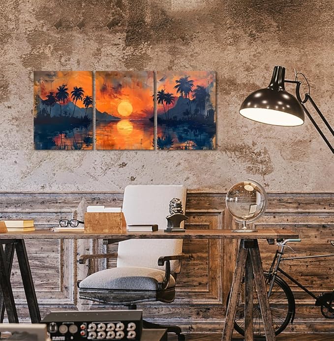 MAMAGO Sunset Beach Wall Art Tropical Palm Trees Canvas Print Picture Oil Painting Style Coastal Landscape Living Room Bedroom Bathroom Wall Decor Framed Easy to Hang-12”W x 16”Hx3pcs