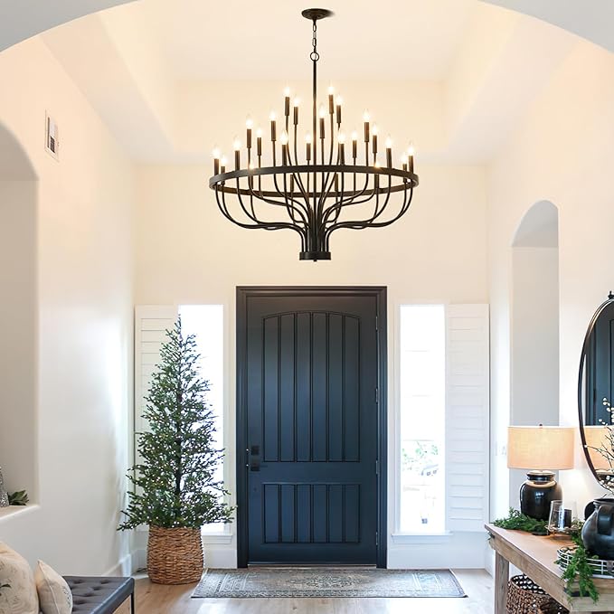 24-Light Black Chandelier, 40" Large Farmhouse Chandeliers for High Ceilings, Vintage Rustic Candle Chandelier for Dining Room Foyer, Modern Industrial Pendant Light for Living Room Entryway