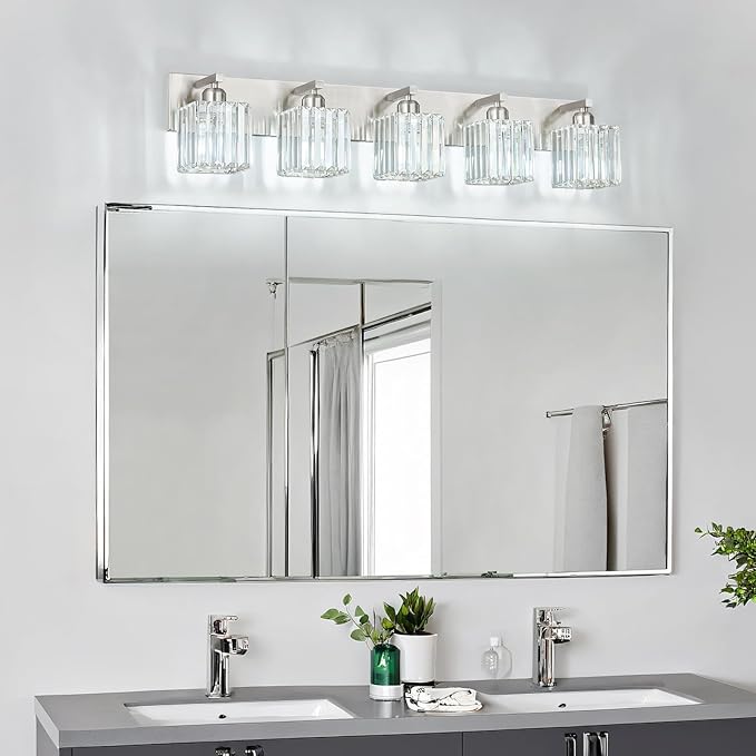 Modern Vanity Light 5-Lights Brushed Nickel Vanity Light Crystal Bathroom Wall Light Bathroom Light Fixtures