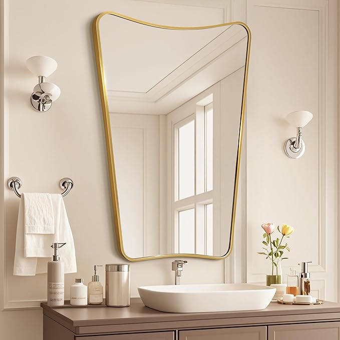 Bathroom Mirror- Irregular Wall Mirror Espejos Decorative 22"x30" Gold Aviation Aluminum Alloy Frame for Bathroom, Bedroom, Living Room, Cloakroom, Entryway