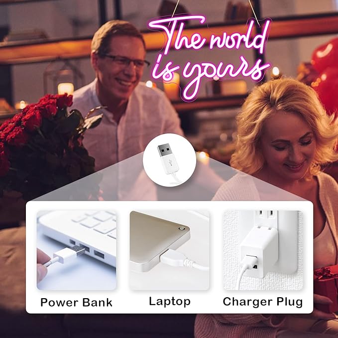 Lucunstar The World Is Yours Neon Signs Wedding Led Sign Pink Neon Light Up Party Bar Engagement USB Powered Led Sign for Wedding Decor Bedroom Signs for Wall Decor Light