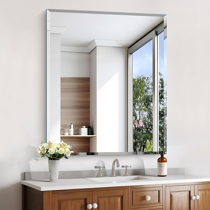 KOCUUY Beveled Mirror, 36x30 Inch Frameless Bathroom Mirror for Over Sink, Upgraded Shatterproof Beveled Unframed Design Mirror for Bathroom, Bedroom, Hang Horizontal/Vertical