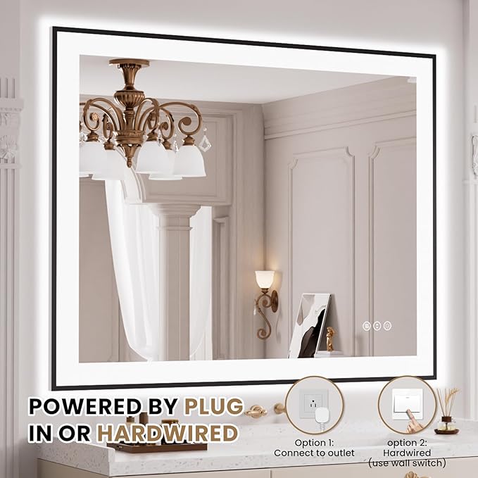 LOAAO 40"X32" LED Bathroom Mirror Black Framed, Anti-Fog, Dimmable, Lighted Bathroom Vanity Mirror for Wall, Memory Function, Tempered Glass