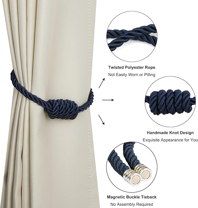 BEL AVENIR Magnetic Curtain Tiebacks, Decorative Drapery Holdbacks Modern Woven Tie-Backs with Exquisite Knot (Navy, 6 Pack)