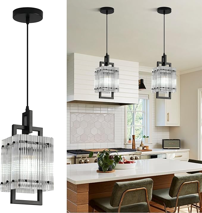 Modern Pendant Light Fixtures with Clear Glass Matte Black Pendant Lights Kitchen Island Adjustable Square Hanging Pendant Lighting for Dining Room Over Sink Hallway 1 Pack 12 inches