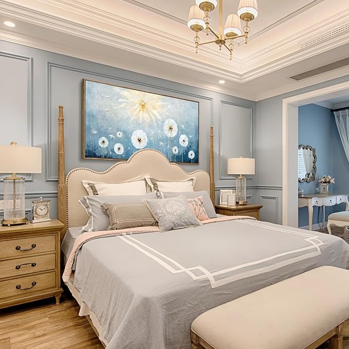 Nicetop Large Framed Inspirational Wall Pictures for Living Room Blue Floral Canvas Art Prints for Bedroom Office Nature-Inspired Dandelion Botanical Flower Artwork,Home Coastal Wall Decor 48x24 Inch