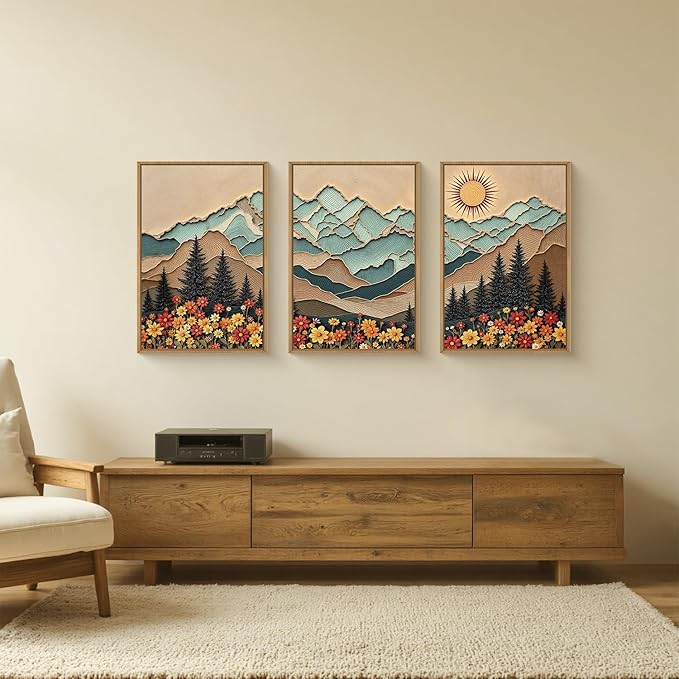 Large Wood Grain Mountain Framed Canvas Wall Art Set,Vintage Sunrise Forest Floral Wall Decor,Rustic Boho Natural Wilderness Art Printing for Living Room,Bedroom,Office-24 x36 x3