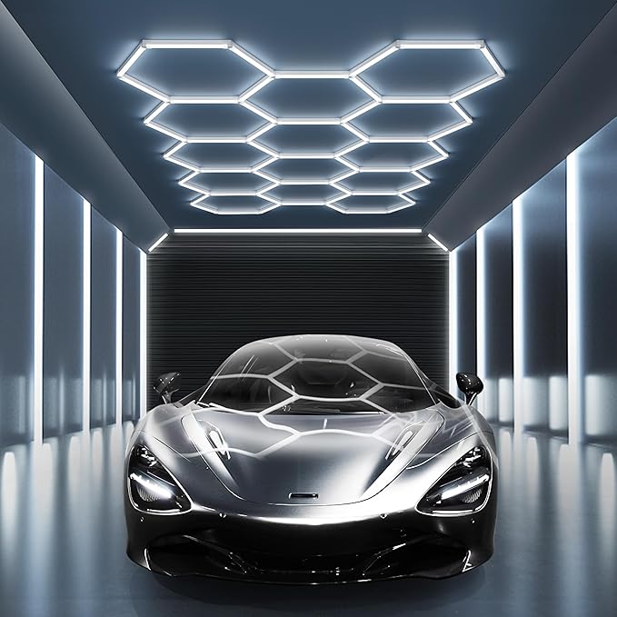 MODERN 14 Hexagon LED Garage Light 6500K, 61560 Lumens, Honeycomb Design, 14-Grid System, Octagon Shop Light for Workshop, Gym, Warehouse & Car Wash (White, 57-Pack)