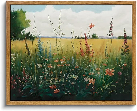 KISSFOX Vintage Wildflower Field Landscape Framed Wall Art Summer Countryside Meadow Canvas Art Farmhouse Rustic Paintings Artwork Nature Serene Art Prints For Kitchen Living room Bedroom