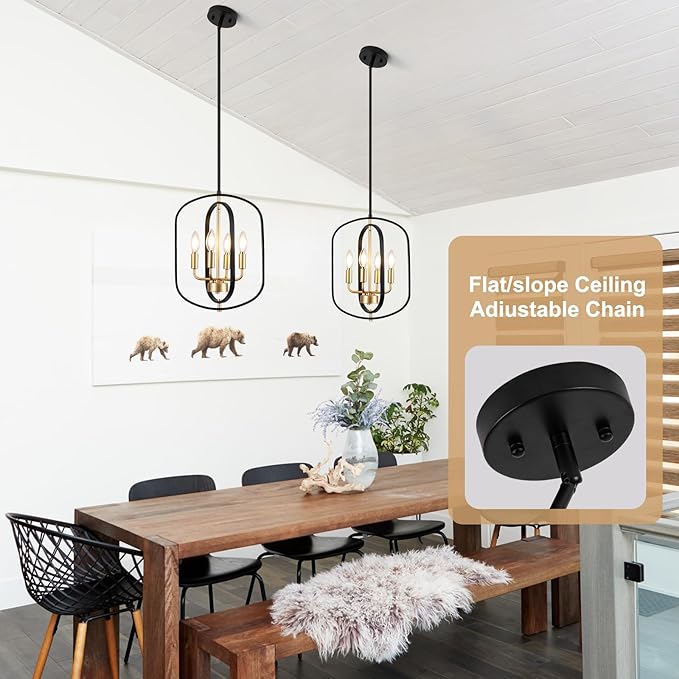 Modern Chandelier for Dining Room, Black and Gold Chandelier Light Fixture, 4-Light Farmhouse Chandelier Lights, Adjustable Rustic Chandeliers for Kitchen Island, Entryway, Foyer, Living Room