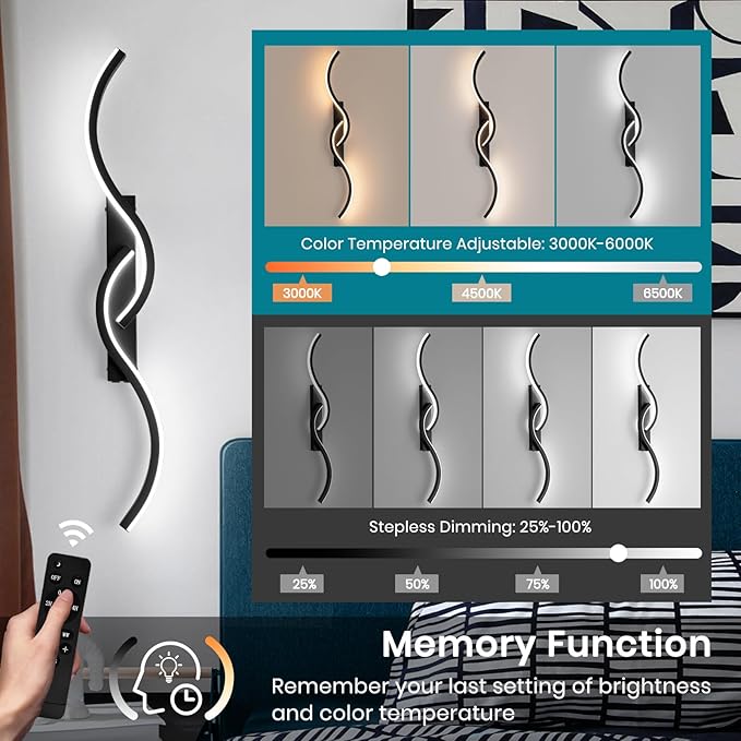 Battery Operated Wall Sconces, Rechargeable Wall Sconces, 3000K-6500K LED Wireless Wall Light, Modern Wall Lamp not Hardwired for Living Room Bedroom Hallway (Black)