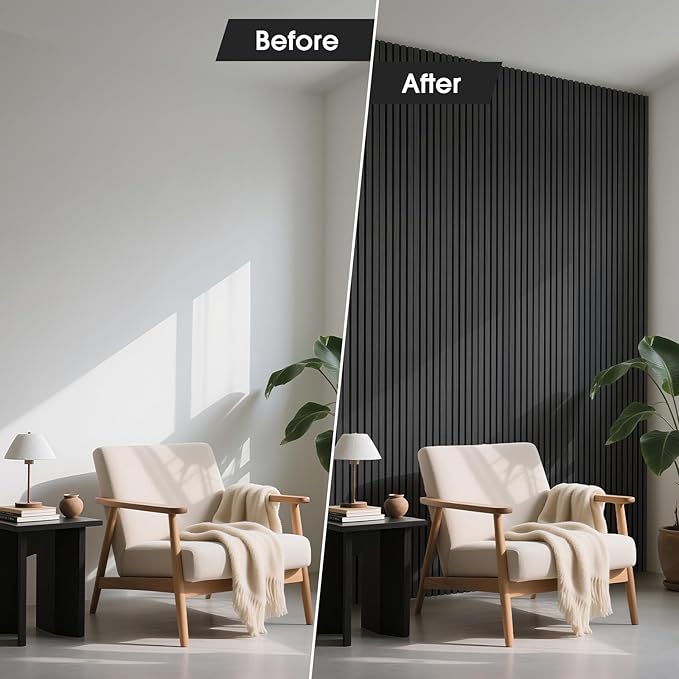 Acoustic Wood Slat Panels 4 Pack 106" x 12.6", Soundproof Wooden Wall Panels, 3D Fluted Panel for Interior Wall Decor, Living Room, Bedroom - Black (Cover Approx. 37 sq.ft)