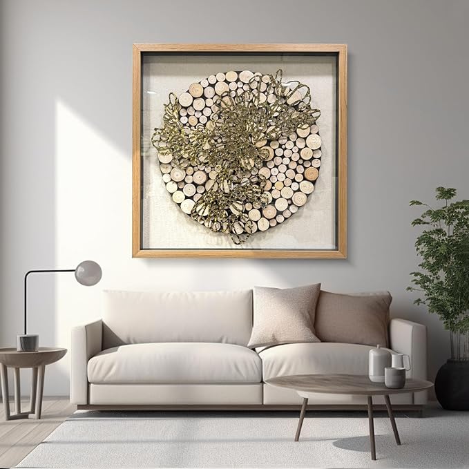 BrightA 3D Textured Wood Block Wall Art - Hand-Assembled Timber Base with Golden Vine Metal Accents, Tempered Glass & Solid Wood Frame Contemporary Decorfor Living Room Office 31.5"x31.5"