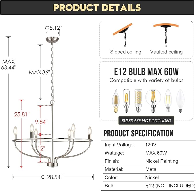 Brushed Nickel Chandelier, 6-Light Dining Room Chandelier Chrome Light Fixture Metal Candle Kitchen Chandeliers 28inch Round Chandeliers with Long Chain for Bedroom Living Room