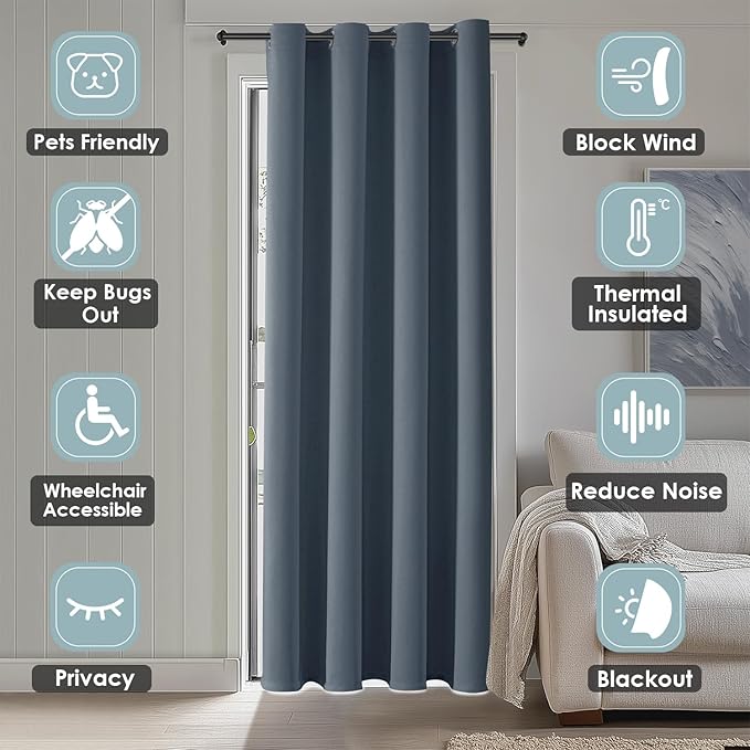 ChrisDowa Blackout Door Curtains for Doorway Privacy, Grommet Closet Curtains for bedroom closet door, Thermal Insulated Temporary Doorway Cover Room Divider Drapes (1 Panel, Stone Blue, 42 x 80 Inch)