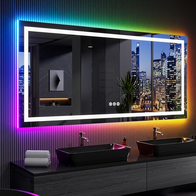 LOAAO 84X32 Inch RGB LED Bathroom Mirror with Lights, Anti-Fog, Dimmable Lighted Bathroom Vanity Mirror, Colorful Multiple Light Modes, RGB Backlit + Front Light, Memory Function, Tempered Glass