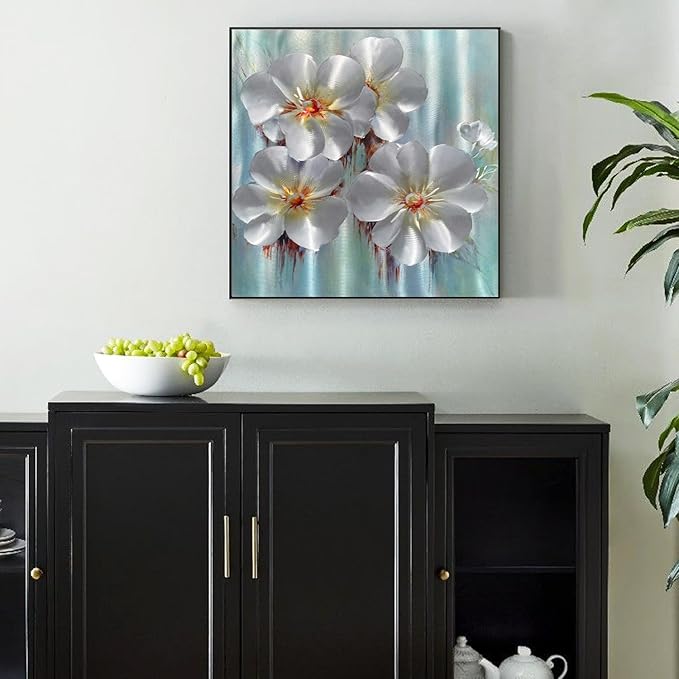 BATRENDY ARTS Silver and Aqua Metal Wall Art Framed Flower Aluminum Painting Hand-polished 3D Botanical Hanging Sculpture Artwork for Bathroom