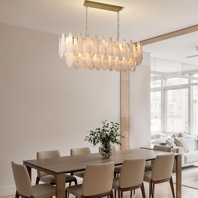 Chandeliers for Dining Room, L47.2 in Modern Alabaster Rectangle Brass Chandelier, 4-Tiers Luxury Natural Stone Ceiling Light Fixture, White Marble Chandeliers for Kitchen Island Living Room Bedroom