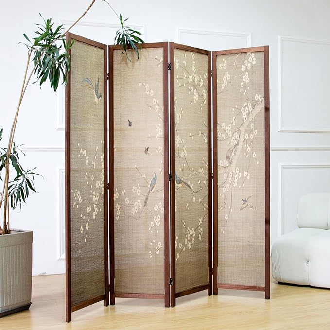 4 Panel Room Divider Screen and Folding Panel Screen,Double Sided Bamboo Divider for Room Separation,White Plum and Birds,67" H x 63" W,67" H x 63" W