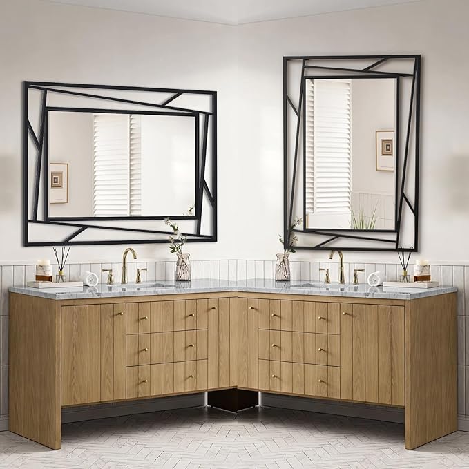 Black Bathroom Mirror, 36''X24'' Rectangle Decorative Wall Mirrors with Geometric Metal Frame for Bathroom, Living Room, Bedroom, Entrance, Expands Space, Horizontal/Vertical