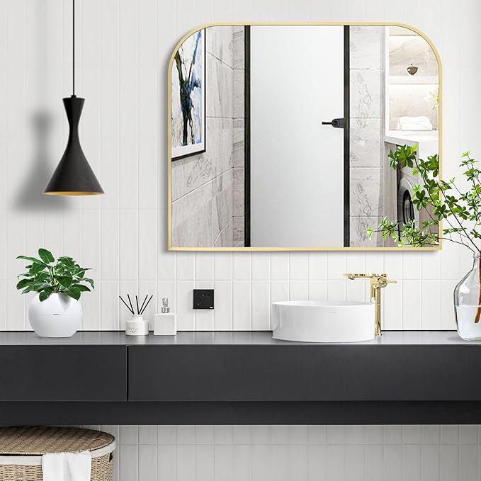 Modern Large Wall Mirror, Modern Mantel Minimalist Home Decor, Brushed Gold Metal Framed Arched Mirror for Living Room, Bedroom, Fireplace, Mantle, Entryway, Bathroom, 36" x 30", Gold