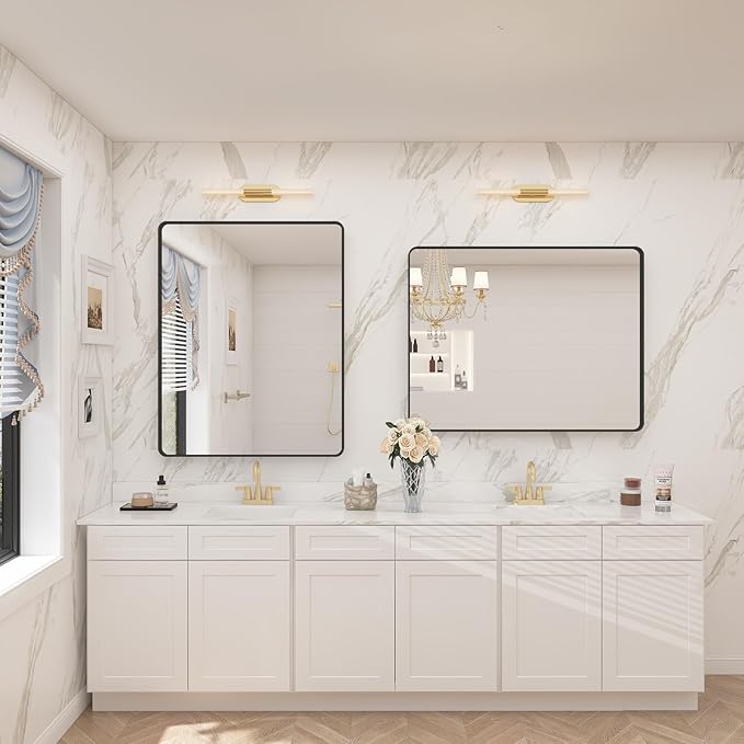 CHAMROR 24x32 Inch Black Metal Framed Bathrrom Mirror for Wall, Black Rounded Rectangle Mirror, Matte Black Bathroom Vanity Mirror, Anti-Rust, Tempered Glass, Hangs Horizontally or Vertically