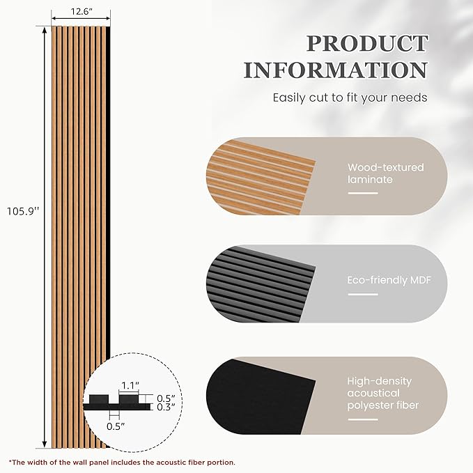 2 Pack 105.9" x 12.6" x 0.8" Acoustic Wall Panels Sound Absorbing, Wood Slat Wall Panels for Wall Decor, Soundproof Wood Wall Panels, Brown