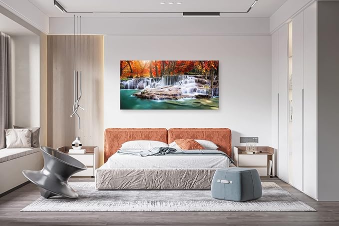 Aibonnly Wall Art Canvas Painting Red Forest Waterfalls 1 Piece Modern Landscape Tree Picture Poster Print Framed and Stretched Ready to Hang for Living Room Bedroom Kitchen Office Home Decor